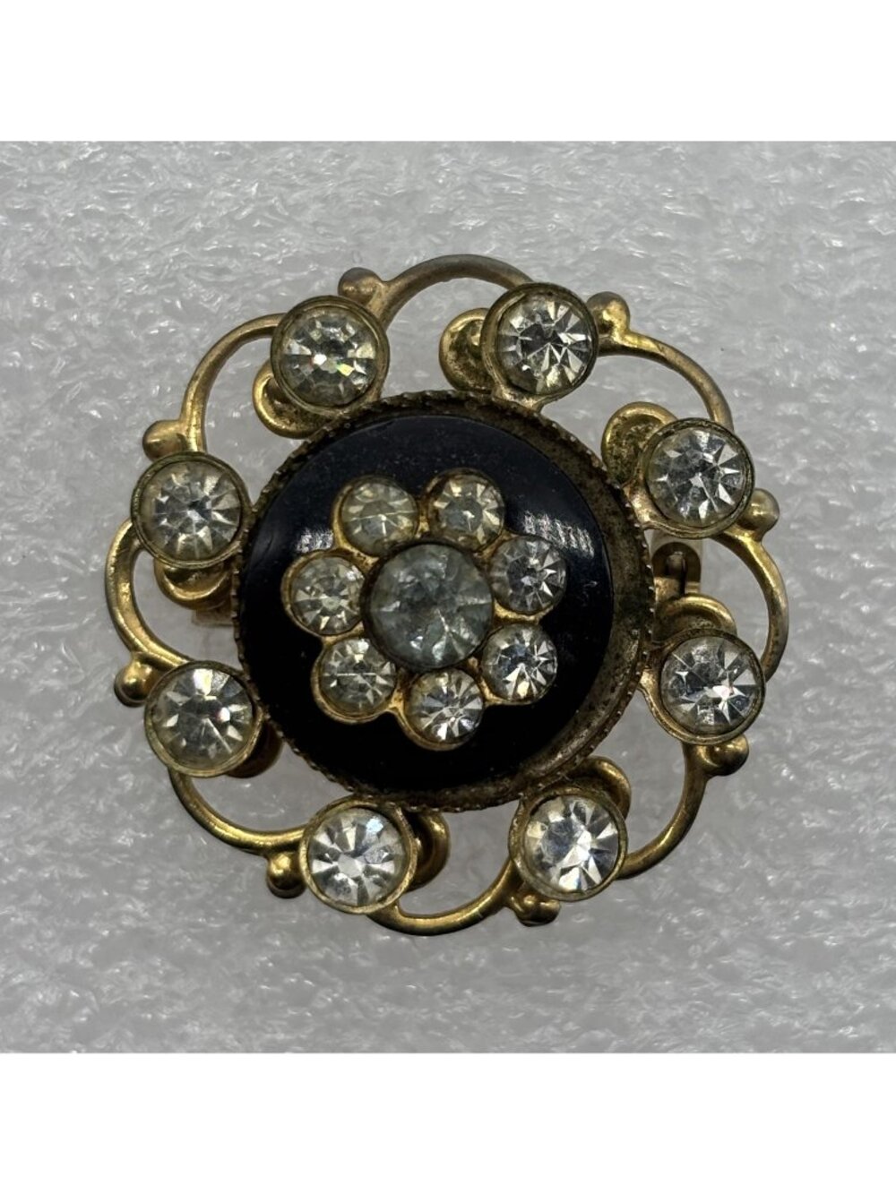 Vintage Scroll Edged Pin With Black Lucite Center Gold Tone Rhinestones Unsigned